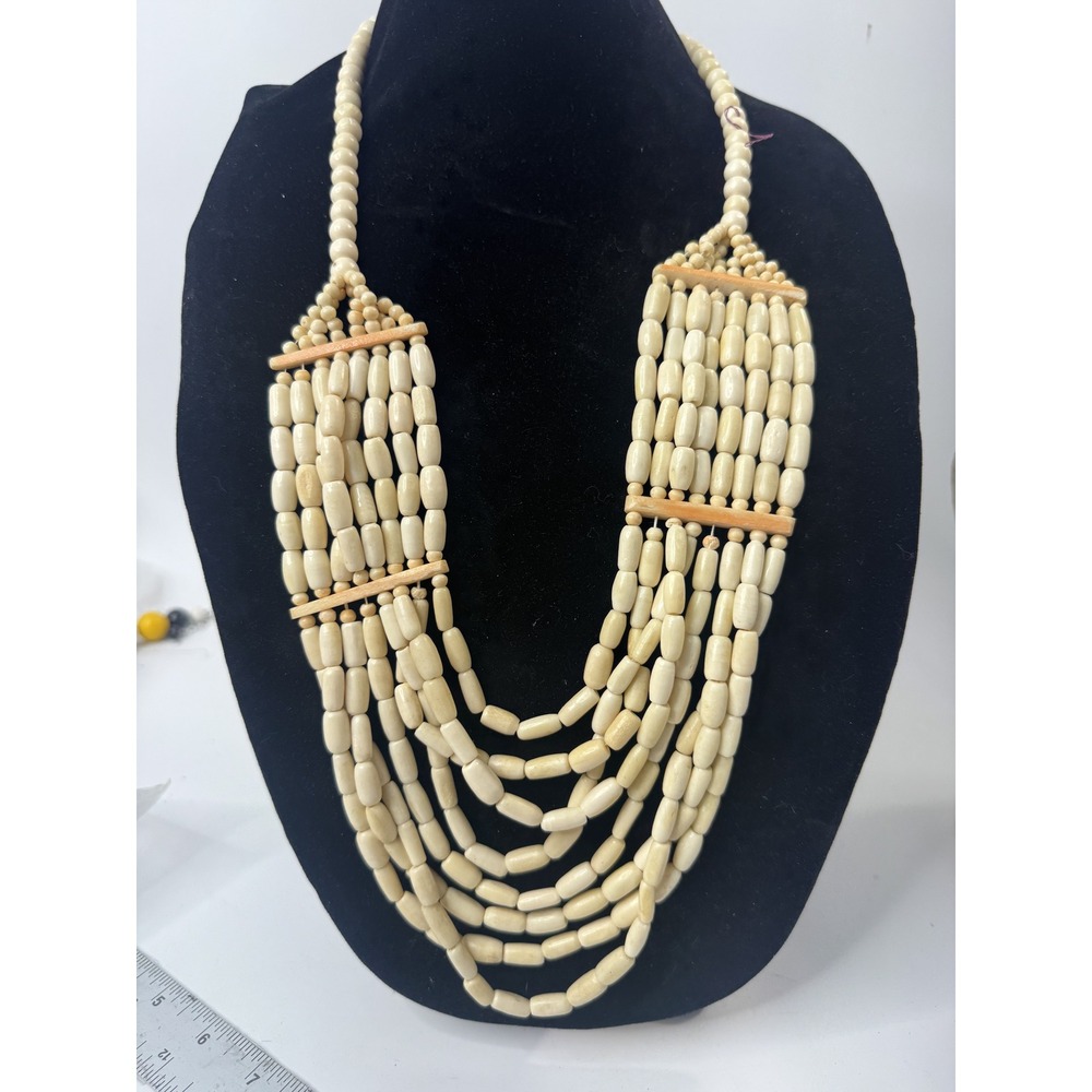 Vintage Multi Strand Cream Beaded Statement Necklace Boho Layered Graduated 29in